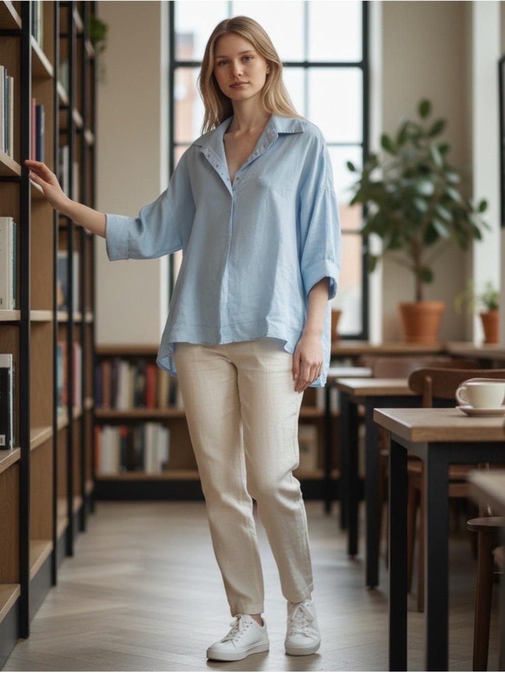 Light Blue Relaxed Button-Down Women's Top